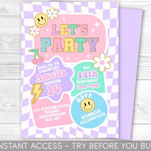 Editable Preppy Let's Celebrate Smile Face Birthday Invitation Template, Party Invite, Checkered  Invite, Kid Teen Girls Blush Pink ANY AGE