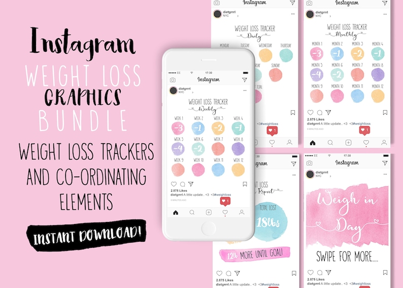 Puede incluir: Un conjunto de cuatro plantillas de publicaci&oacute;n de Instagram para hacer un seguimiento de la p&eacute;rdida de peso. Las plantillas presentan un fondo de acuarela con colores pastel y c&iacute;rculos para registrar la p&eacute;rdida de peso. Las plantillas incluyen rastreadores diarios, semanales y mensuales, as&iacute; como una plantilla de "D&iacute;a de pesaje".