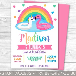 Einhorn Flamingo Regenbogen Party Einladung, Pool Float, Pool Floaties Pool Party lädt Sofortiger Download bearbeitbare druckbare Corjl ein