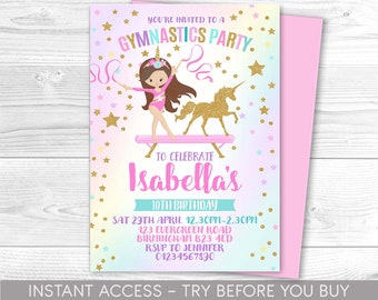 Könnte beinhalten: Eine rosa und blaue Einladung mit goldenen Glitzersternen und einem Einhorn. Die Einladung ist für eine Turnparty zur Feier von Isabellas 10. Geburtstag. Die Party findet am Samstag, den 29. April von 12:30 Uhr bis 14:30 Uhr in der 123 Evergreen Road, Birmingham B23 4ED statt. RSVP an Jennifer unter 01234567890.