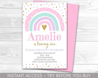 Rainbow Invitation, Personalised, Printable, Digital File, Rainbow Invite, Party Invitation, Colourful, Rainbow, Heart, Cute Instant Access