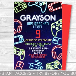 Editable Gamer Birthday invitation - Video Game Party invite - Gaming Game On - Videogame - Instant download template digital  Corjl