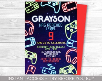 May include: A neon-colored invitation for a video game themed party. The invitation features a dark blue background with stars and neon-colored video game controllers, headphones, and a handheld game console. The text on the invitation reads "Grayson has reached level 9. Join us to celebrate Saturday 23rd August 2PM - 4PM 123 Station Road Birmingham 823 4RF RSVP to [phone number]"