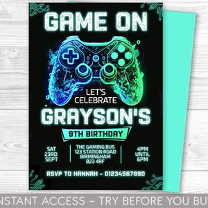 Editable Gamer Birthday invitation - Video Game Party invite - Gaming Game On - Videogame - Instant download template digital  Corjl