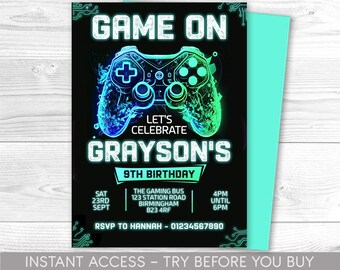 Editable Gamer Birthday invitation - Video Game Party invite - Gaming Game On - Videogame - Instant download template digital  Corjl