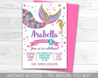 Meerjungfrau-Einladung, personalisiert, Printable, Digital File, Mermaid Invite, Pool-Party-Einladung, Schwimmen, Regenbogen, magisch, Instant Access