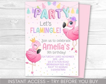 Let's Flamingle Invitation, Pink Flamingo Invitation, Summer Birthday Party, Party Invitation, Printable Birthday Invite, Editable