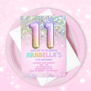 Editable 11th Birthday Invitation Template Rainbow Glitter Birthday Invite Foil Pastel Girls 11th Birthday Download Digital Printable