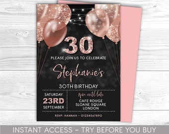 30th Birthday Invitation Editable 30th Invite Rose Gold Invitation, Balloons, For Him or Her Instant Download Printable, ANY AGE