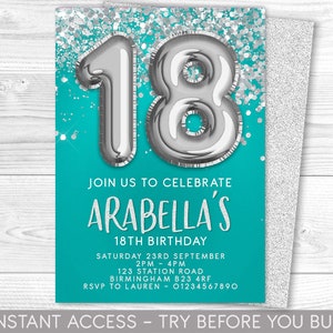 18th Birthday Invitation Editable 18th Invite Teal Silver Invitation, Balloons, Stars, For her or him, Instant Download Printable, ANY AGE