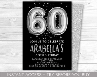 Może przedstawiać: Czarna karta zaproszenia ze srebrnymi akcentami. Projekt zawiera duży srebrny balon z liczbą "60", gwiazdy i tekst "Join us to celebrate Arabella's 60th Birthday". Zawiera szczegóły wydarzenia.