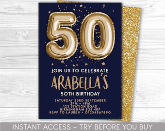 50th Birthday Invitation Editable 50th Invite Navy Gold Invitation, Balloons, Stars, For Him or Her Instant Download Printable, ANY AGE