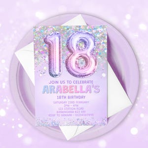 Editable 18th Birthday Invitation Template Rainbow Lilac Glitter Birthday Invite Foil Pastel Purple Girl 18th Birthday Download Printable