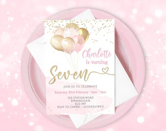 7th Birthday Invitation, Pink and Gold Balloons, Editable Party Invite, Girls seventh Birthday, Age 7, Balloons, Instant Download, Printable