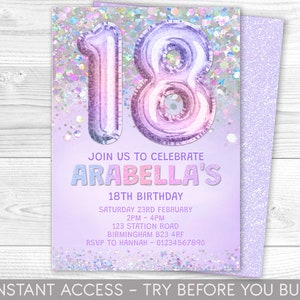 Editable 18th Birthday Invitation Template Rainbow Lilac Glitter Birthday Invite Foil Pastel Purple Girl 18th Birthday Download Printable