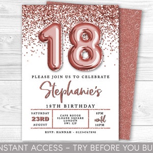 18th Birthday Invitation Editable 18th Invite, Rose Gold Invitation, Balloon Numbers, For Him or Her, Instant Download, Printable