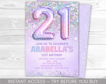 Modèle modifiable d'invitation d'anniversaire de paillettes d'arc-en-ciel d'invitation de fille pastel pour 21 ans, téléchargement numérique imprimable