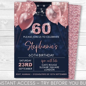 60th Birthday Invitation Editable 60th Invite Navy Rose Gold Invitation, Balloons, For Him or Her Instant Download Printable, ANY AGE