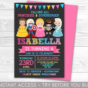 Superhero Princess Invitation, Personalised Invite, Printable, Digital File, superheroes Princesses  Party, Instant Access