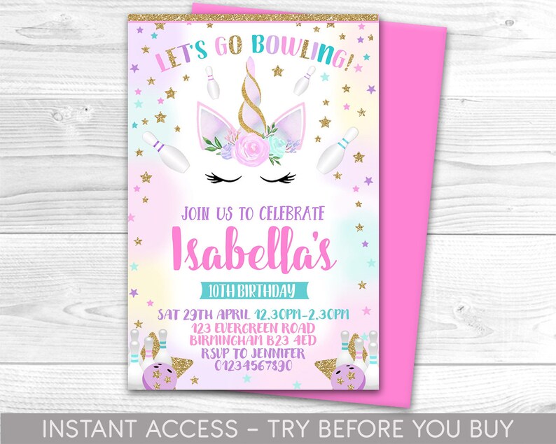 Unicorn Bowling Party Invitation Personalised Printable Digital File Unicorn Invite Party Invitation Tenpin Bowling Party