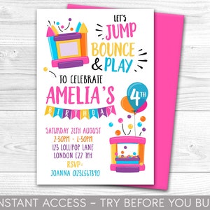 Jump bounce play invitation jump birthday invitation party Bounce House Party Jump Party Bouncy Castle Party Instant Editable File Corjl