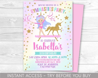 Könnte beinhalten: Eine rosa und blaue Einladung zu einer Turnparty mit einem Einhorn und einer Turner-Mädchen auf einem Schwebebalken. Die Einladung lautet "You're invited to a Gymnastics Party" und "To celebrate Isabella's 10th Birthday".