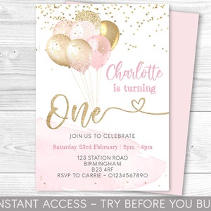 Convite de primeiro aniversário, balões rosa e dourado, convite de festa editável, primeiro aniversário de meninas, 1 ano, balões, download instantâneo, para impressão