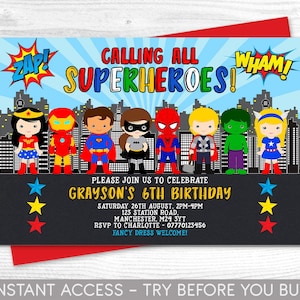 Superhero Invitation, Personalised Invite, Printable, Digital File, superheroes Party, Instant Access