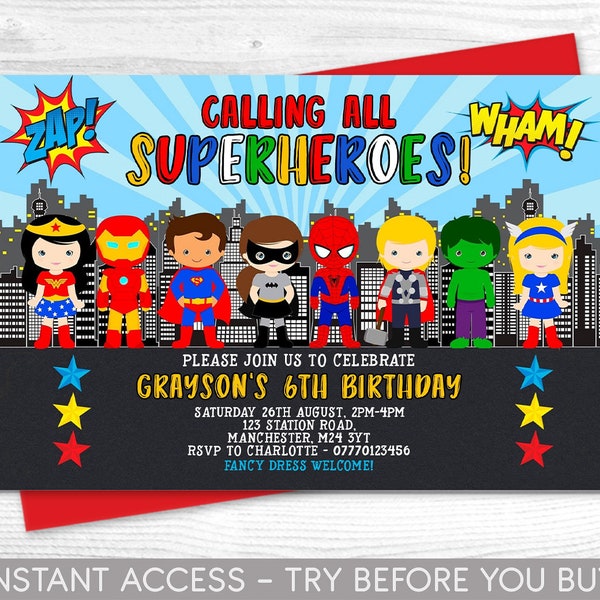 Superhero Invitation, Personalised Invite, Printable, Digital File, superheroes Party, Instant Access