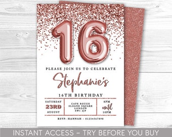 16th Birthday Invitation Editable 16th Invite, Rose Gold Invitation, Balloon Numbers, For Him or Her, Instant Download, Printable