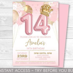 Invitación de cumpleaños número 14, invitación de cumpleaños de la corona de la princesa rosa, fiesta de la princesa, imprimible, archivo digital, rosa pastel, números de globos