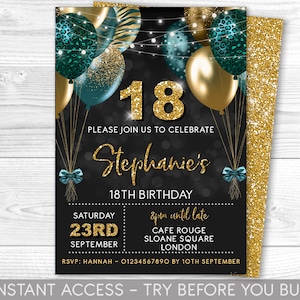 18th Birthday Invitation Editable 18th Invite Teal Green Gold Invitation, Balloons, For Him or Her Instant Download Printable, ANY AGE
