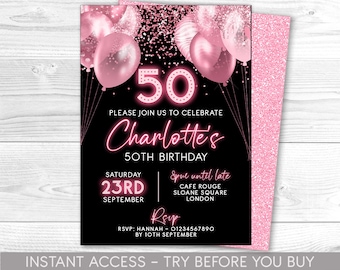 Puede incluir: Invitación de cumpleaños rosa y negra con purpurina y confeti. La invitación dice "Por favor, únase a nosotros para celebrar el 50 cumpleaños de Charlotte" e incluye la fecha "Sábado 23 de septiembre".