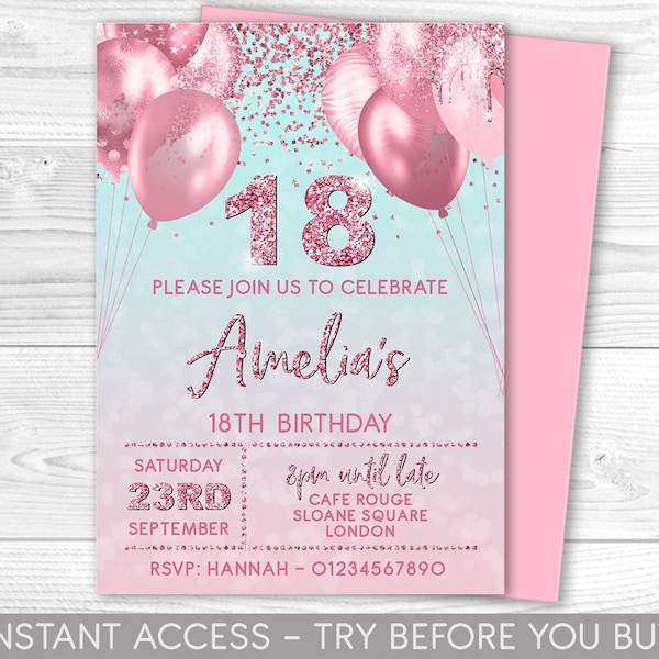 18th Birthday Invitation Editable 18th Invite Pink Pastel Invitation, Balloons, For Him or Her Instant Download Printable, ANY AGE