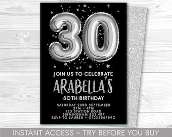 Può includere: Invito di compleanno per il 30° compleanno nero e argento. L'invito presenta un grande palloncino argentato con il numero 30, con il testo "Unisciti a noi per festeggiare il 30° compleanno di Arabella". L'invito include i dettagli dell'evento e le informazioni RSVP.