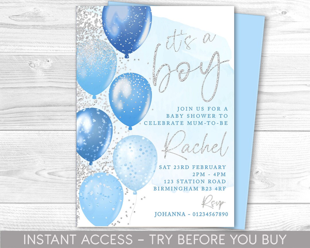Blue and Silver Baby Shower Invitation, Editable Party Invite, It's a Boy, Baby Sprinkle