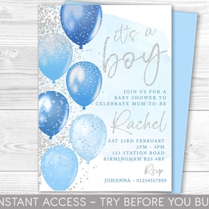 Blue and Silver Baby Shower Invitation, Editable Party Invite, It&#39;s a Boy, Baby Sprinkle, Balloons, Instant Download, Printable, New Baby
