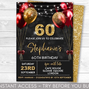 60. Geburtstagseinladung bearbeitbar 60. Einladen Rot Schwarz Gold Einladung, Luftballons, für ihn oder sie Sofortiger Download druckbar, JEDES ALTER