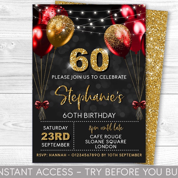 60th Birthday Invitation Editable 60th Invite Red Black Gold Invitation, Balloons, For Him or Her Instant Download Printable, ANY AGE