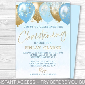 Blue and Gold Christening Invitation, Editable Baptism Invite, Baby Boy, Dedication, Balloons, Instant Download, Printable, New Baby