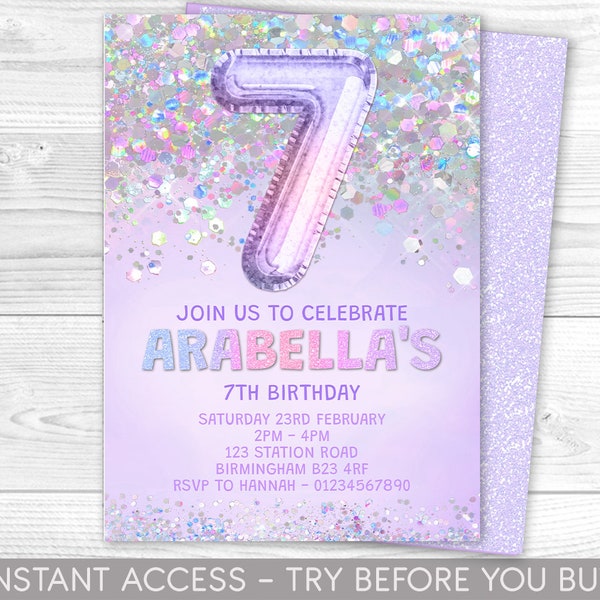 Editable 7th Birthday Invitation Template Rainbow Lilac Glitter Birthday Invite Foil Pastel Purple Girls 7th Birthday Download Printable