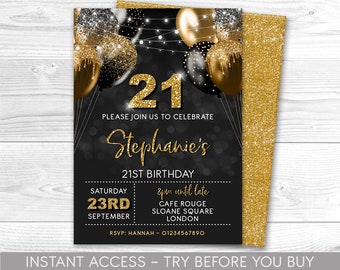 21st Birthday Invitation Editable 21st Invite Black Gold Invitation, Balloons, For Him or Her Instant Download Printable, ANY AGE