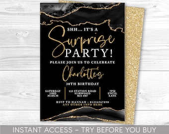 Surprise Party Invitation, Black Gold Agate, Surprise Birthday Invite, Invites, Surprise Party Invitations, For Her, Printable, ANY AGE