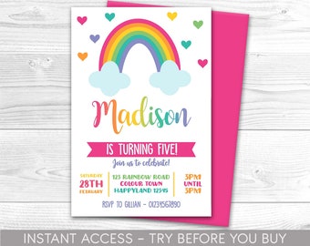 Rainbow Invitation, Personalised, Printable, Digital File, Rainbow Invite, Party Invitation, Colourful, Rainbow, Heart, Cute Instant Access