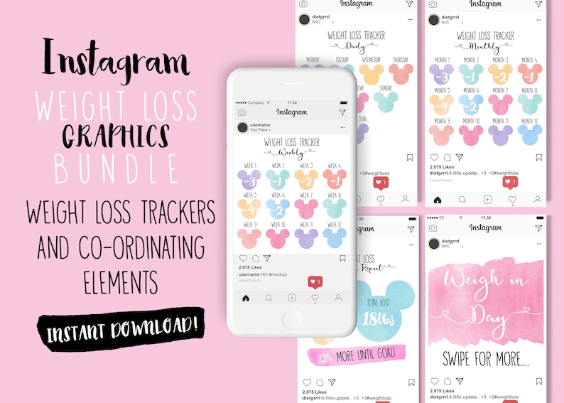 May include: A set of four Instagram post templates for tracking weight loss progress. The templates feature a pastel color scheme with Mickey Mouse ears and a watercolor background. The text on the templates includes "Weight Loss Tracker", "Daily", "Weekly", "Monthly", "Total Lost 18lbs", "12lb More Until Goal", "Weigh in Day", and "Swipe for More..."
