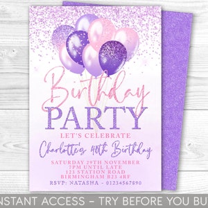 Lilac and Pink Birthday Invitation Editable Invite, Pink and Lilac Invitation, Balloons, For  Her, Purple, Printable, ANY AGE 21, 18 30, 40