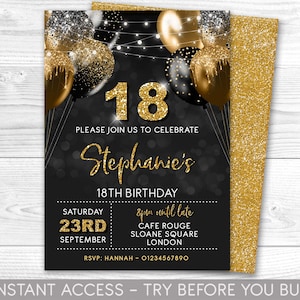 18th Birthday Invitation Editable 18th Invite Black Gold Invitation, Balloons, For Him or Her Instant Download Printable, ANY AGE