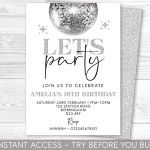 Disco Party Invitation, Personalised, Printable, Digital File, White Party Invite, Party Invitation, Disco Party, Instant Access