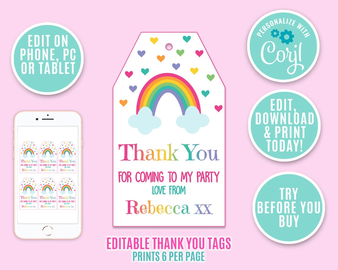 Editable Rainbow Thank You Tags Favor Tags Rainbow Birthday Girls ...