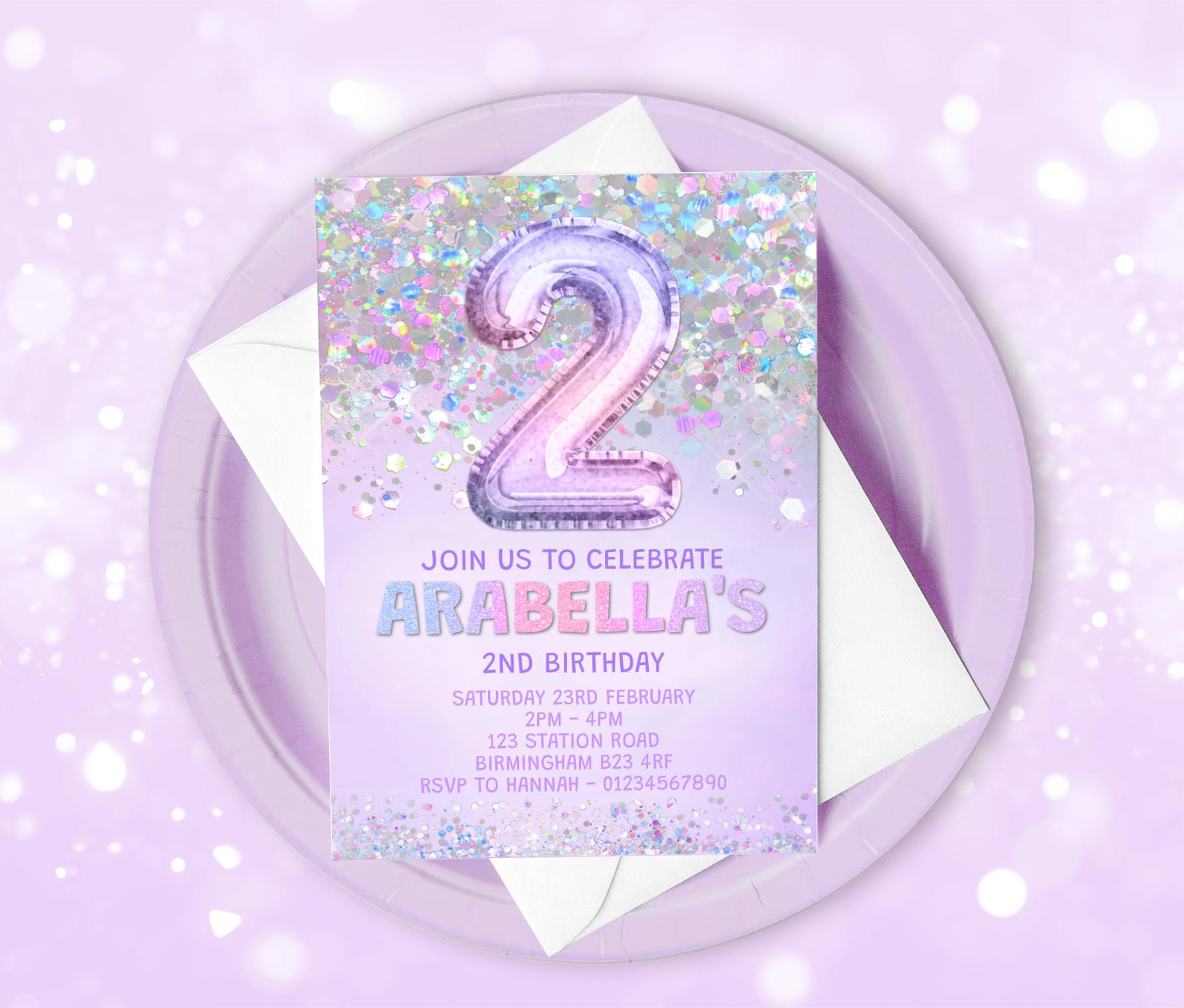 Editable 2nd Birthday Invitation Template Rainbow Lilac Glitter ...
